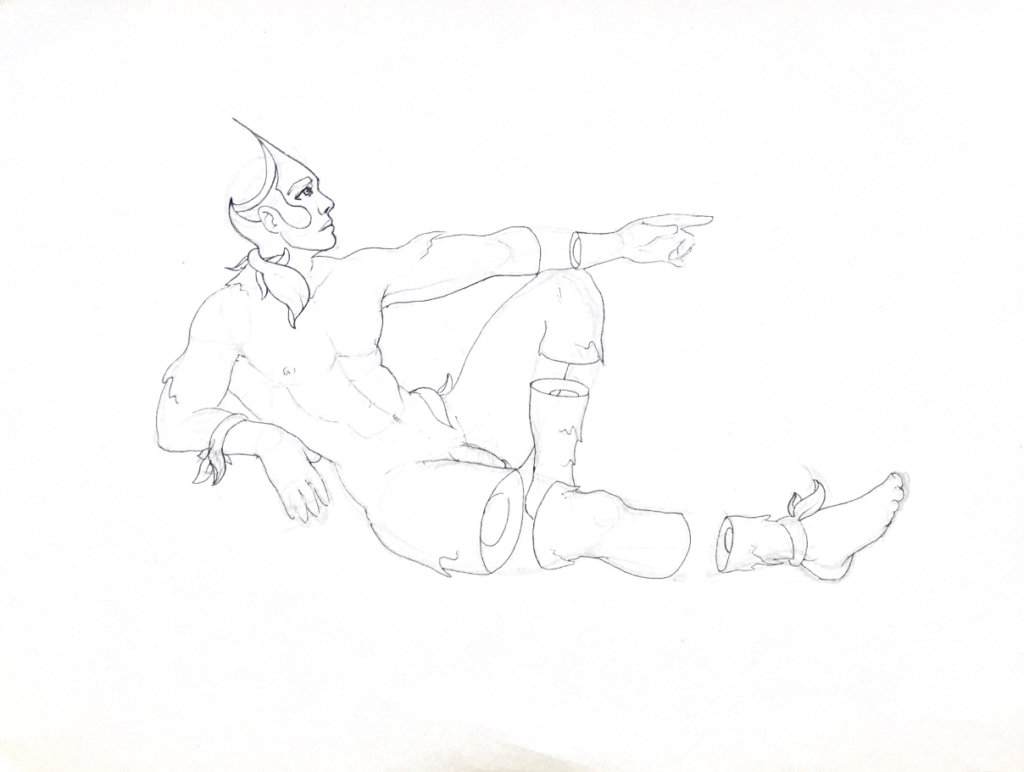 WIP drawing of a reclined man pointing at something, gaps in his limbs and vines snaking his body