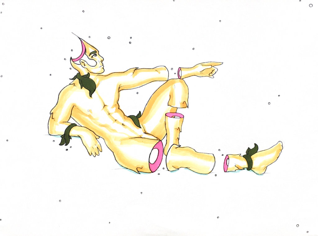 color drawing of a reclined man pointing at something, gaps in his limbs and vines snaking his body