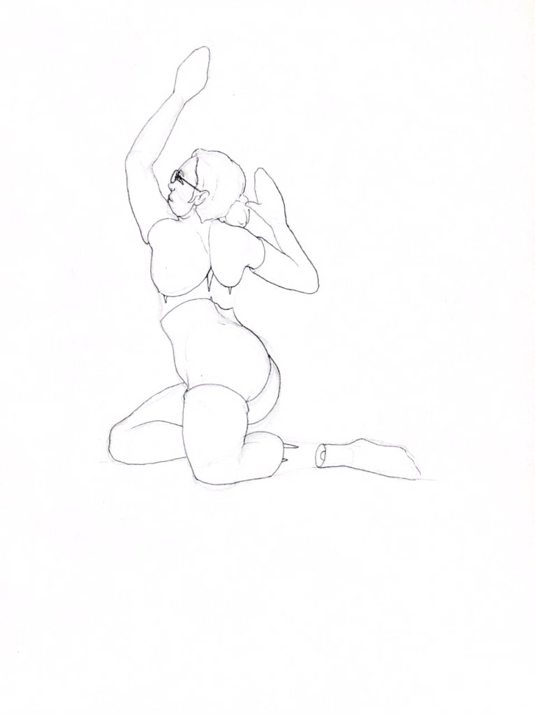 WIP drawing of a nude woman with gloves, reaching against a wall