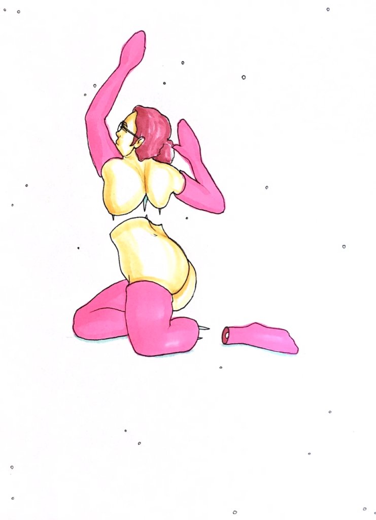 color drawing of a nude woman with gloves, reaching against a wall