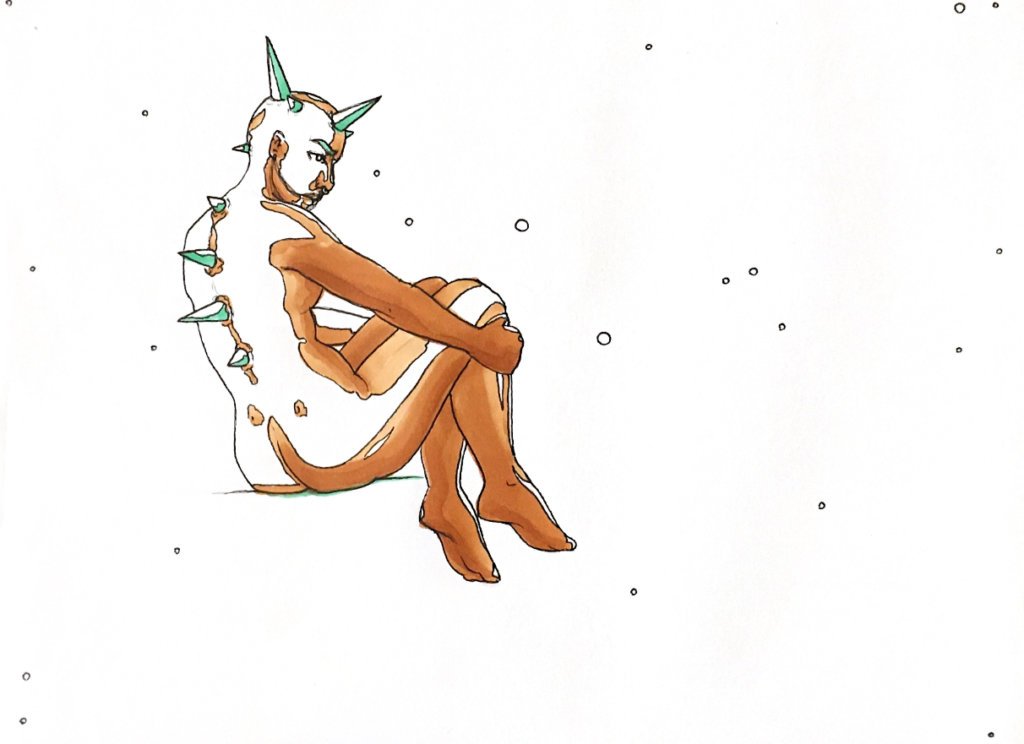 color drawing of a person with spikes sprouting from their spine and skull