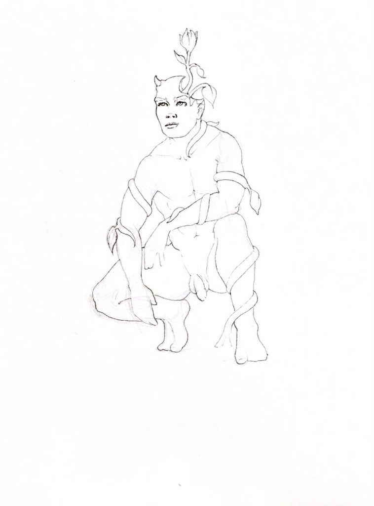 WIP drawing of a man with vines surrounding his body and a flower sprouting from his head
