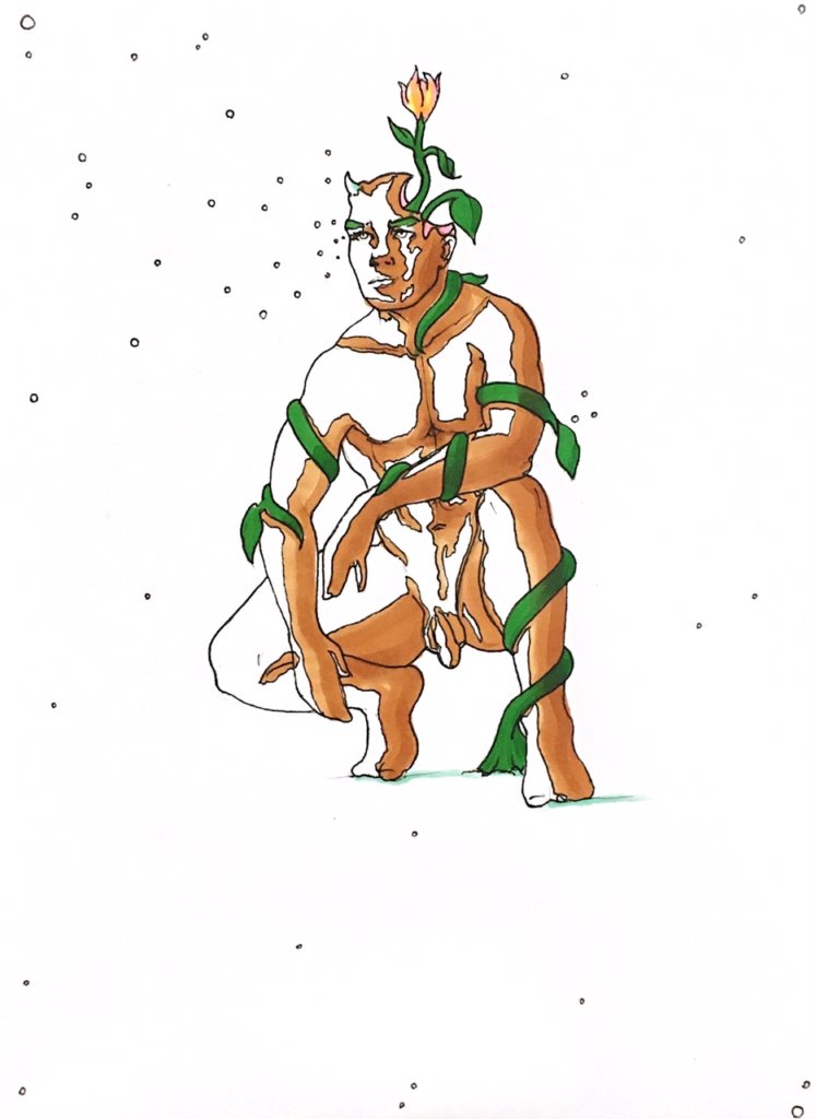 color drawing of a man with vines surrounding his body and a flower sprouting from his head