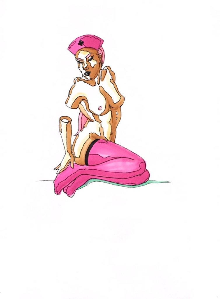 color drawing of a nude nurse