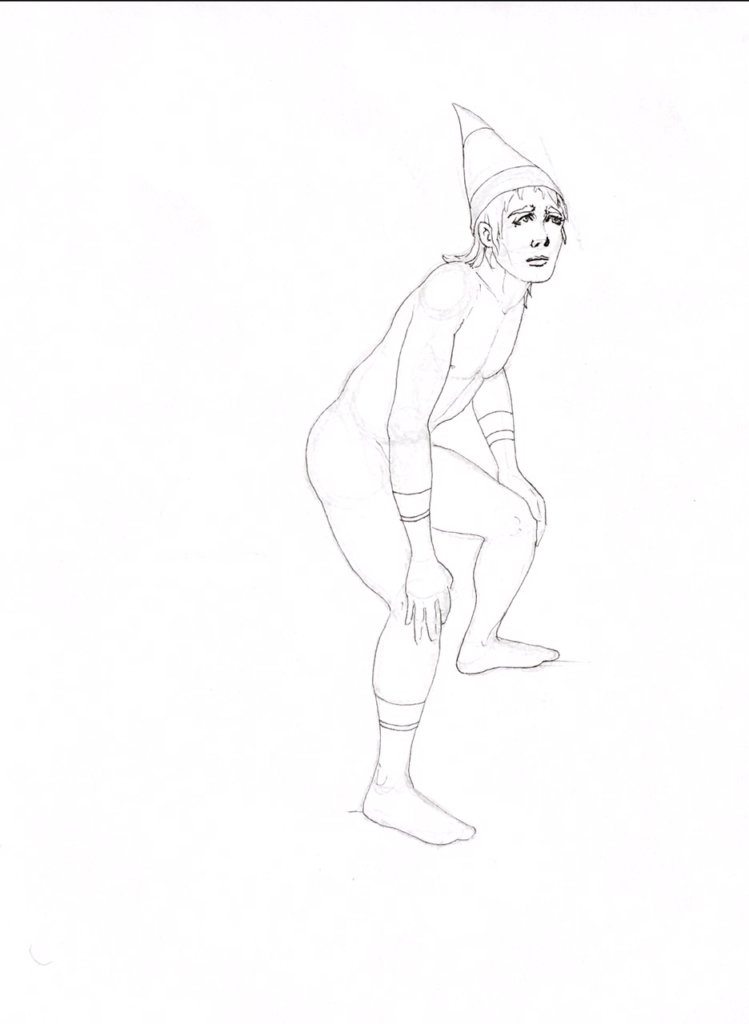 WIP drawing of a man squatting with a dunce cap