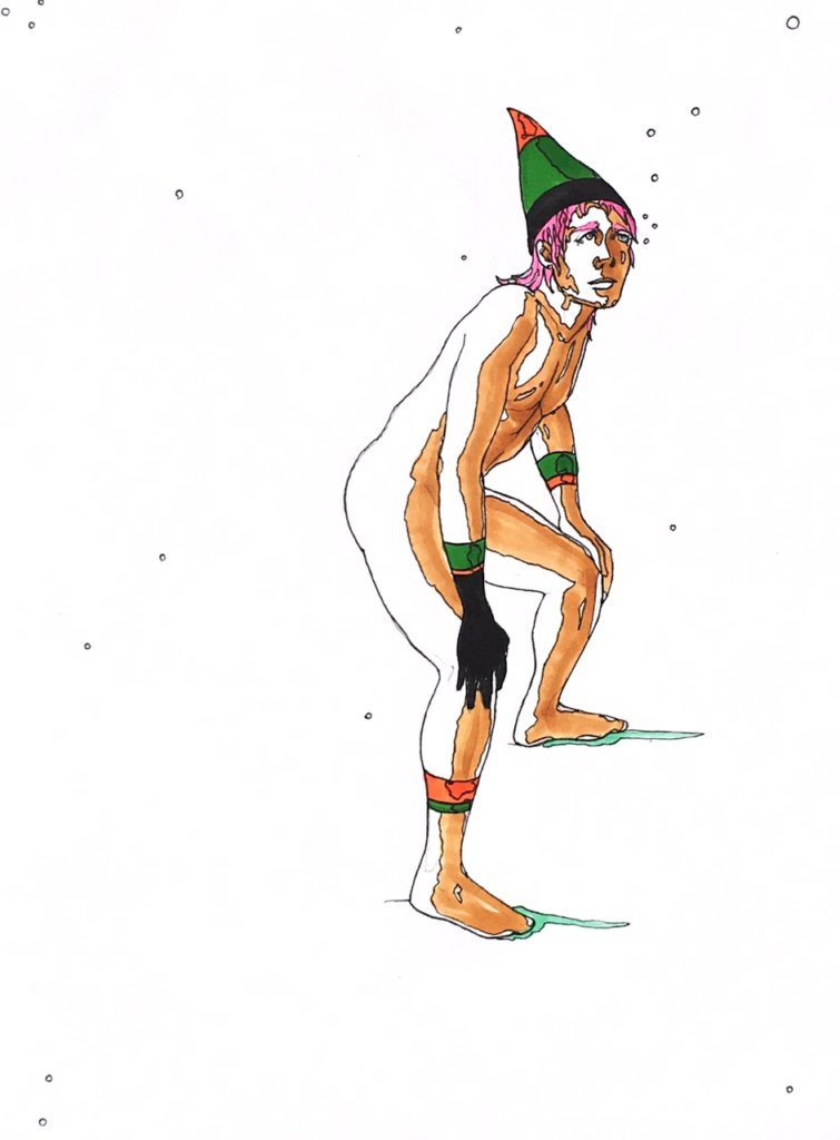 color drawing of a man squatting with a dunce cap