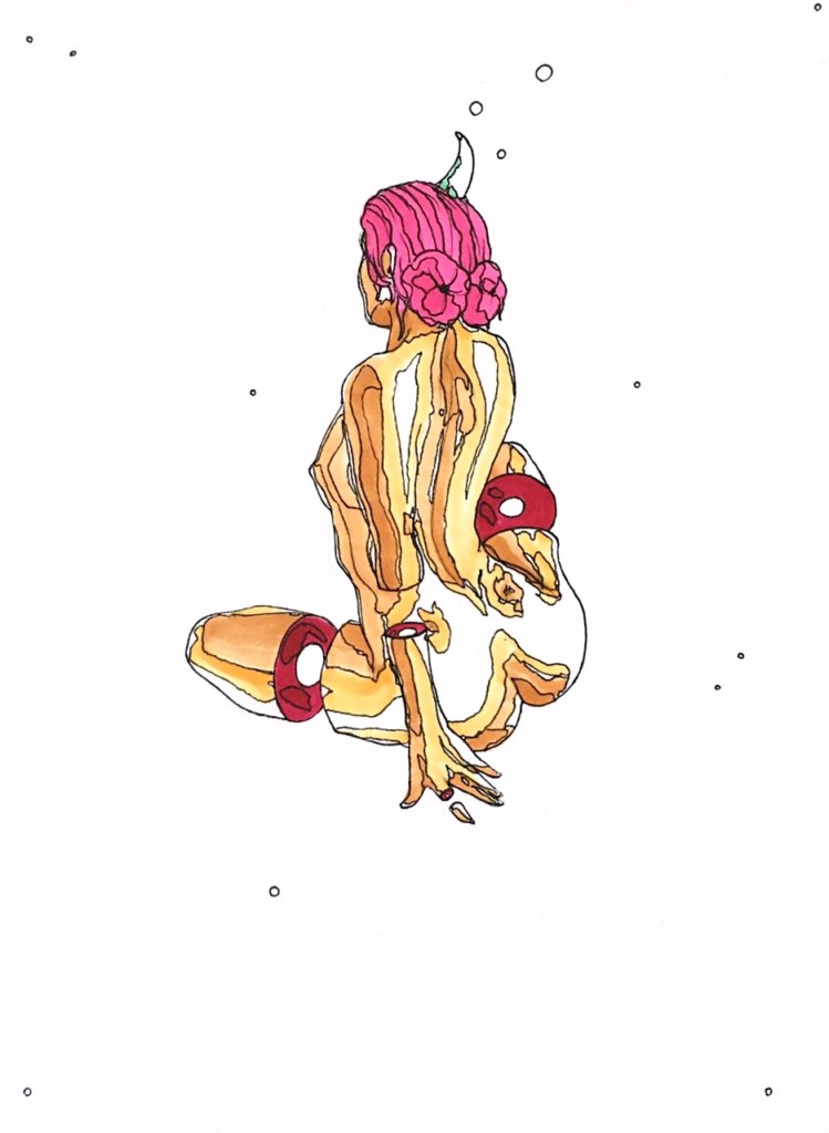 color drawing of a nude woman with her back to the viewer, a horn sprouting from her head