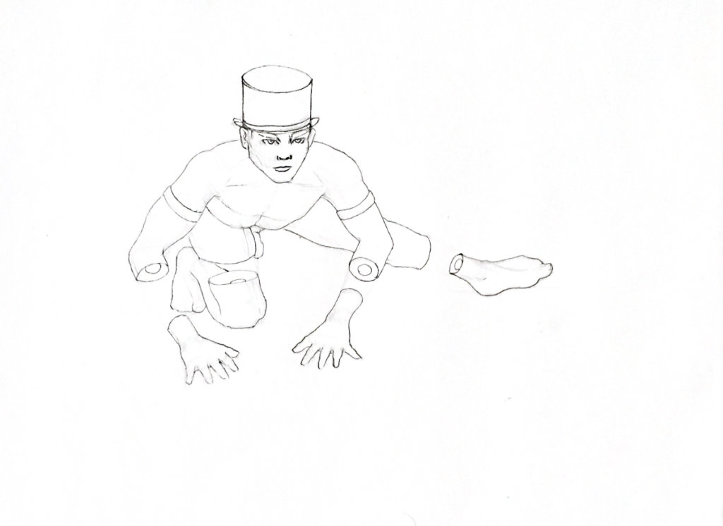 WIP drawing of a man with a top hat, stretching