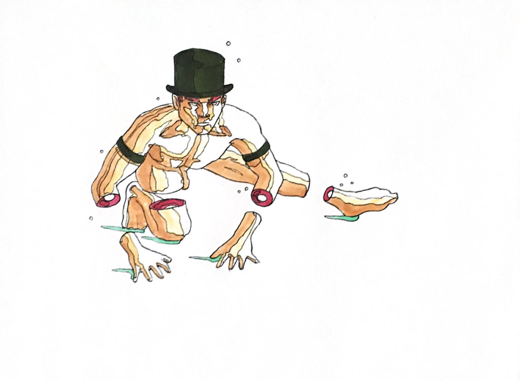 color drawing of a man with a top hat, stretching