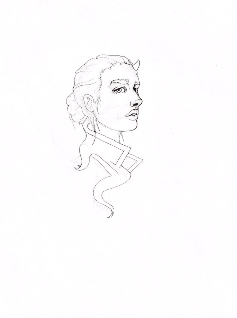 WIP drawing of a woman's face with a horn sprouting from her forehead