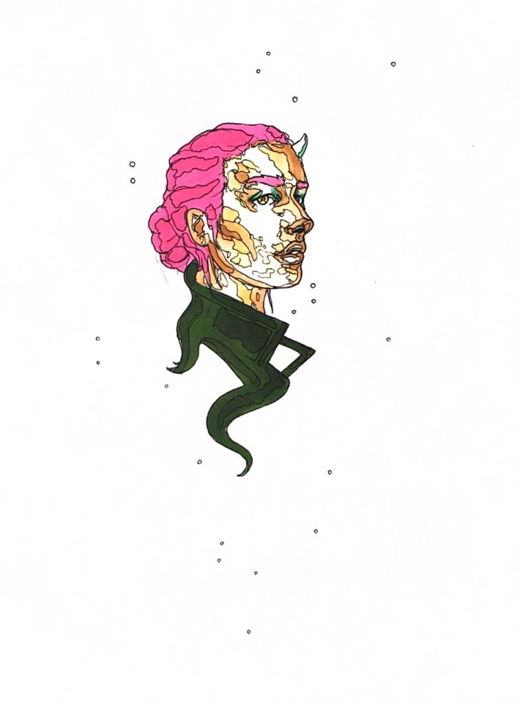 color drawing of a woman's face with a horn sprouting from her forehead