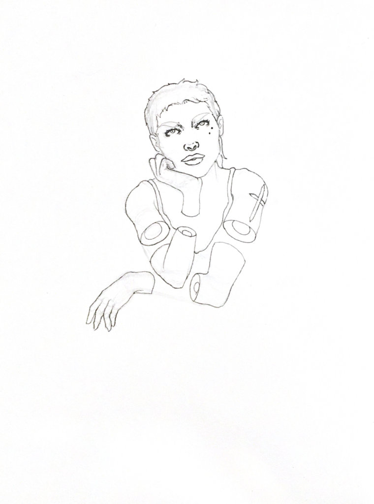 WIP drawing of a woman with a tattoo and negative space in between her limbs