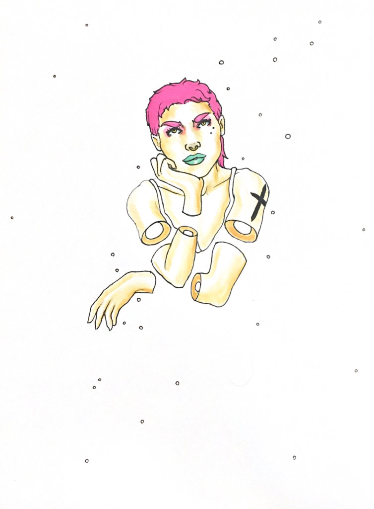 color drawing of a woman with a tattoo and negative space in between her limbs