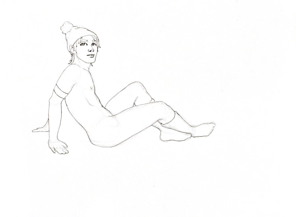 WIP drawing of a skinny man sitting down