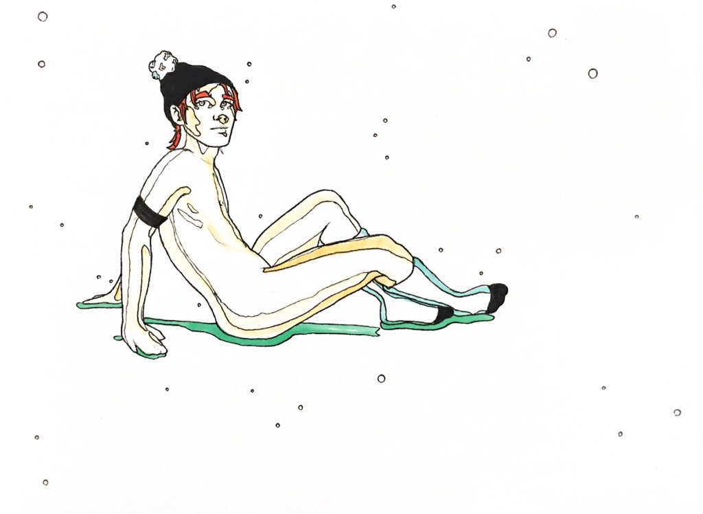 color drawing of a skinny man sitting down