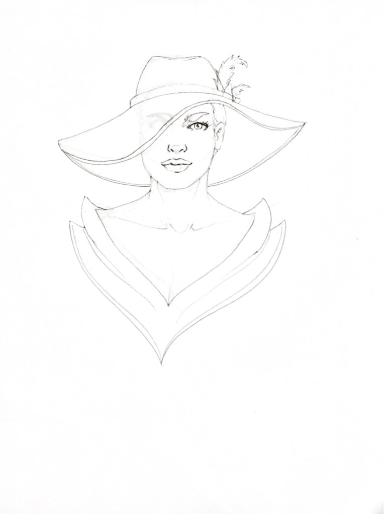 WIP drawing of a woman with a fancy hat
