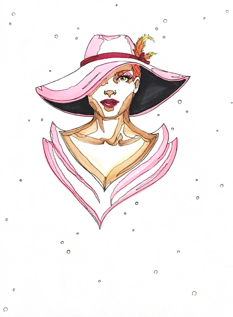 color drawing of a woman with a fancy hat