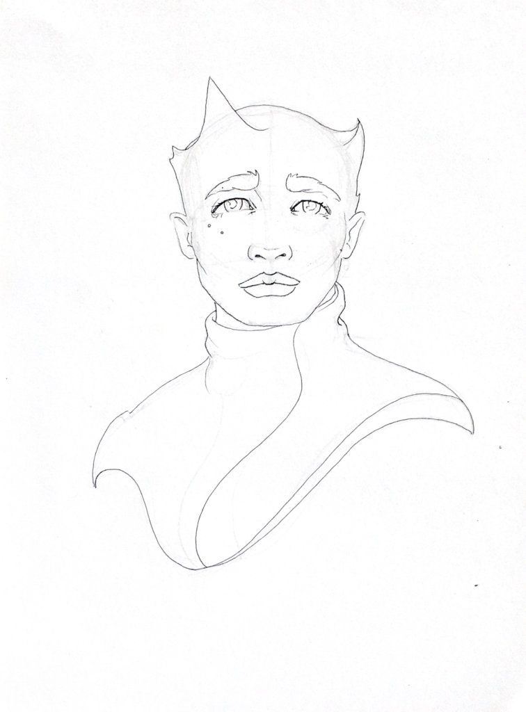 WIP drawing of a man in a cool turtleneck and spikes sprouting from his scalp