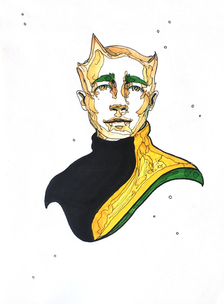 color drawing of a man in a cool turtleneck and spikes sprouting from his scalp