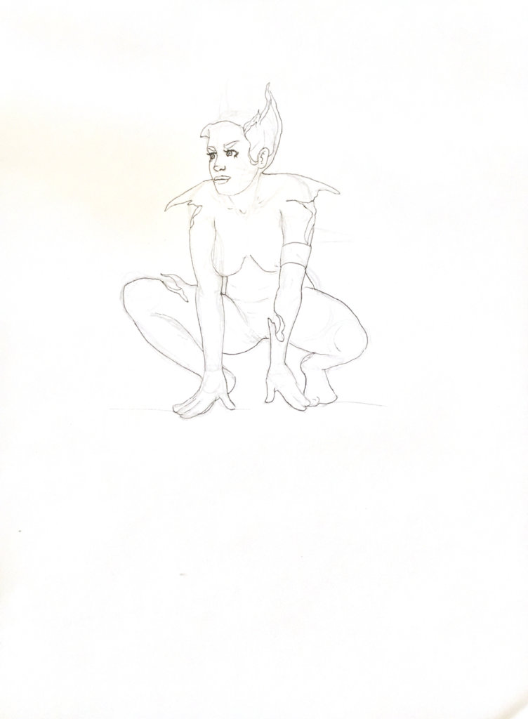 WIP drawing of a squatting woman with her head exposed