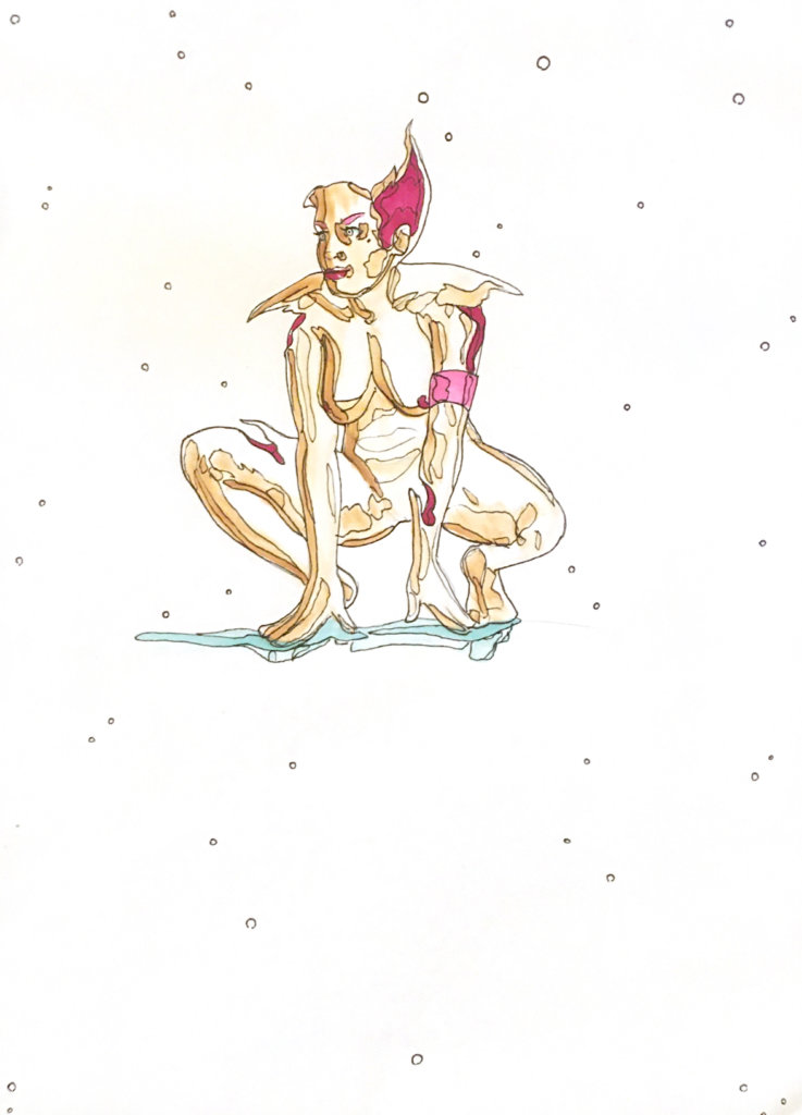 color drawing of a squatting woman with her head exposed