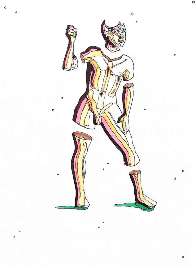 color drawing of a nude man holding something