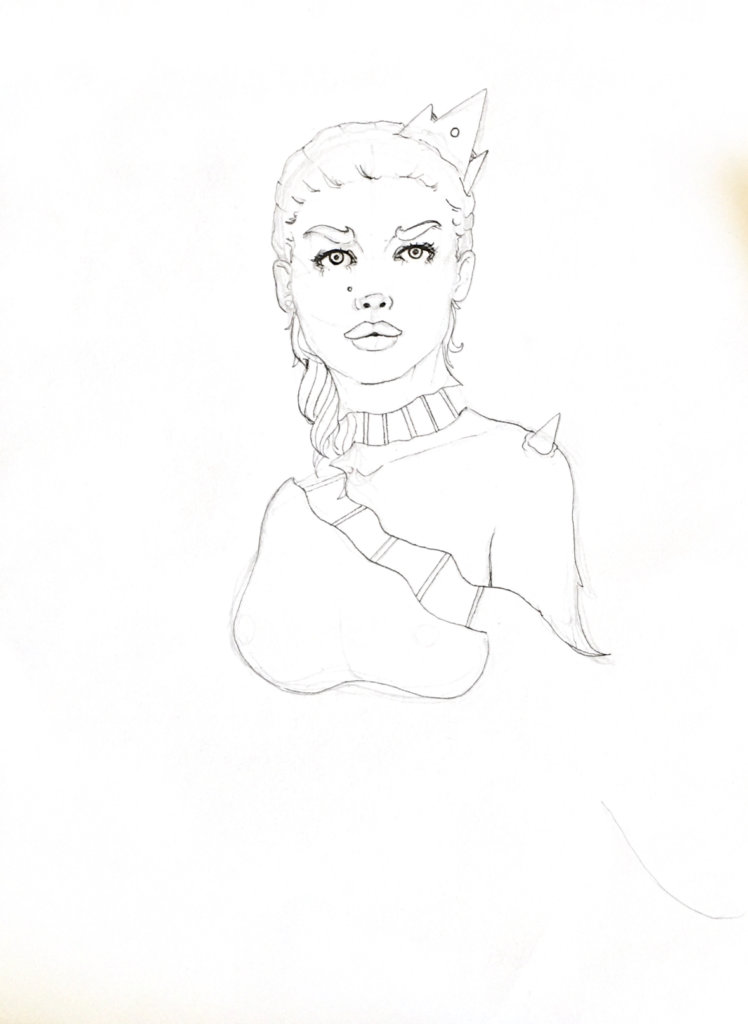 WIP drawing of a woman with a crown on her head and spike on her shoulder