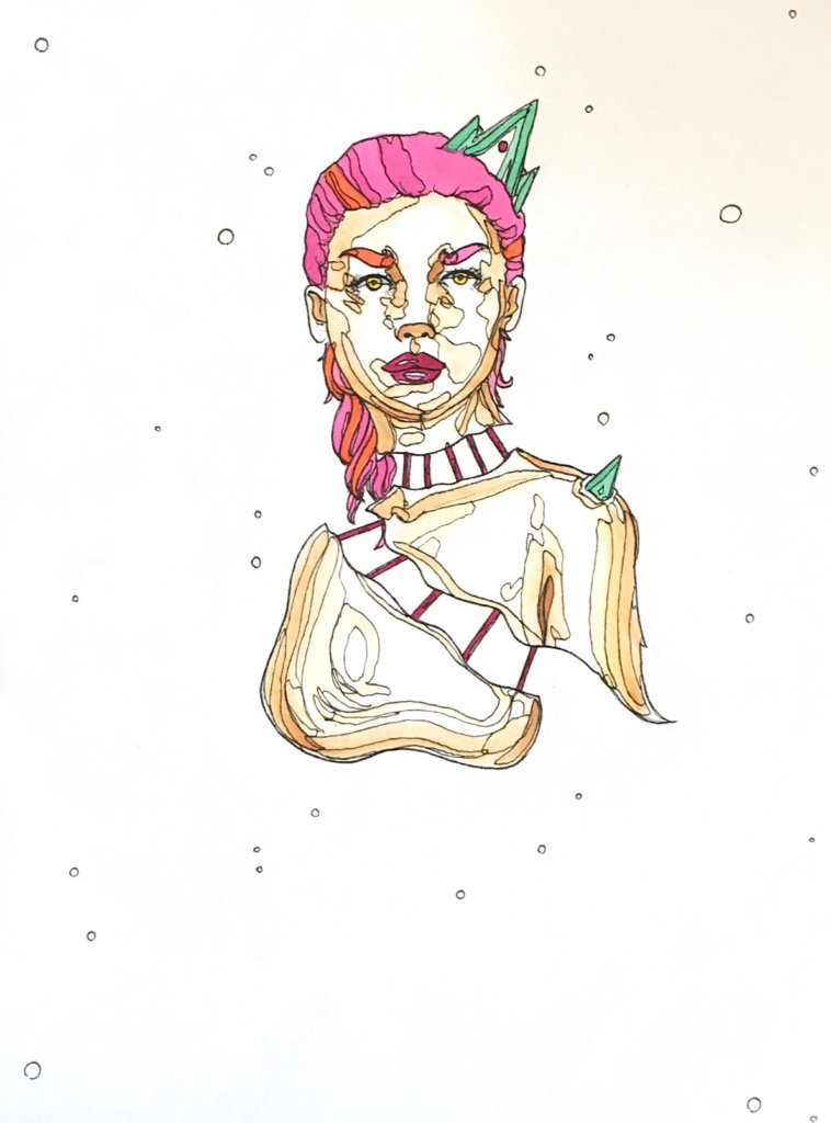 color drawing of a woman with a crown on her head and spike on her shoulder