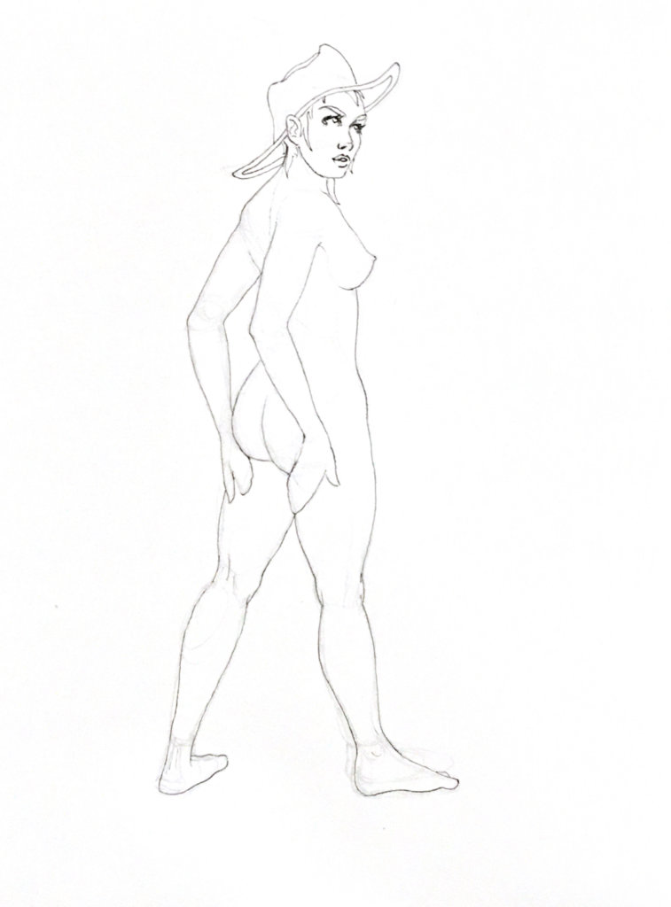 WIP drawing of a nude woman with a hat on, looking off to the distance