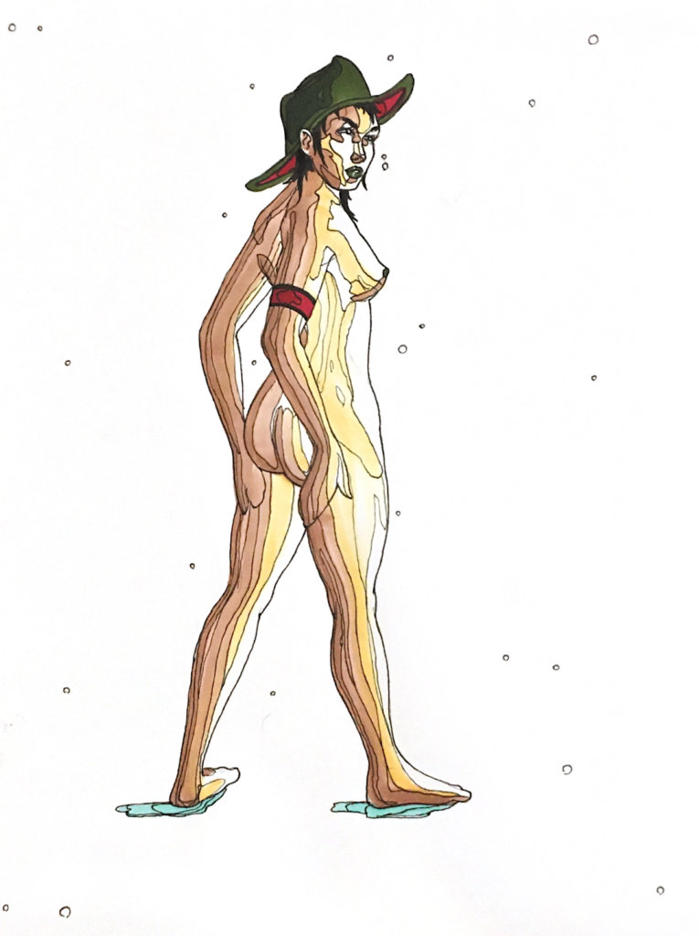 color drawing of a nude woman with a hat on, looking off to the distance