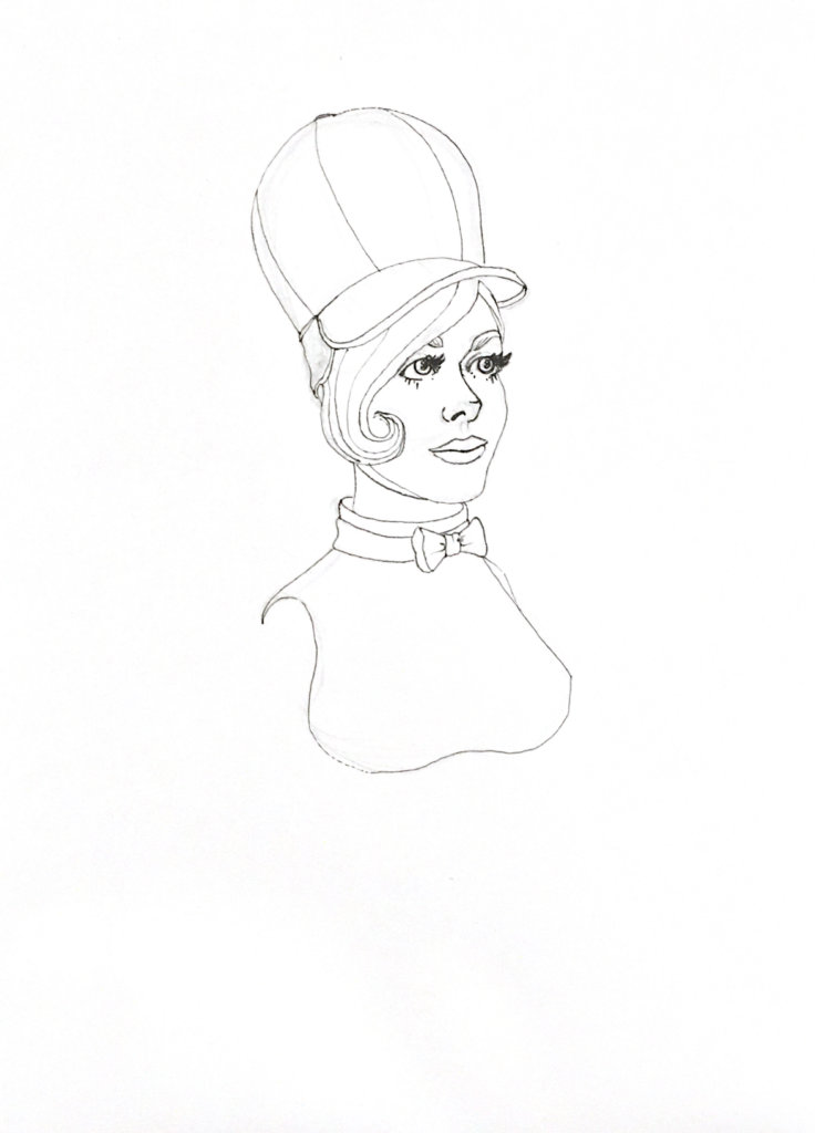 WIP drawing of a woman with a bowtie and a large hat on