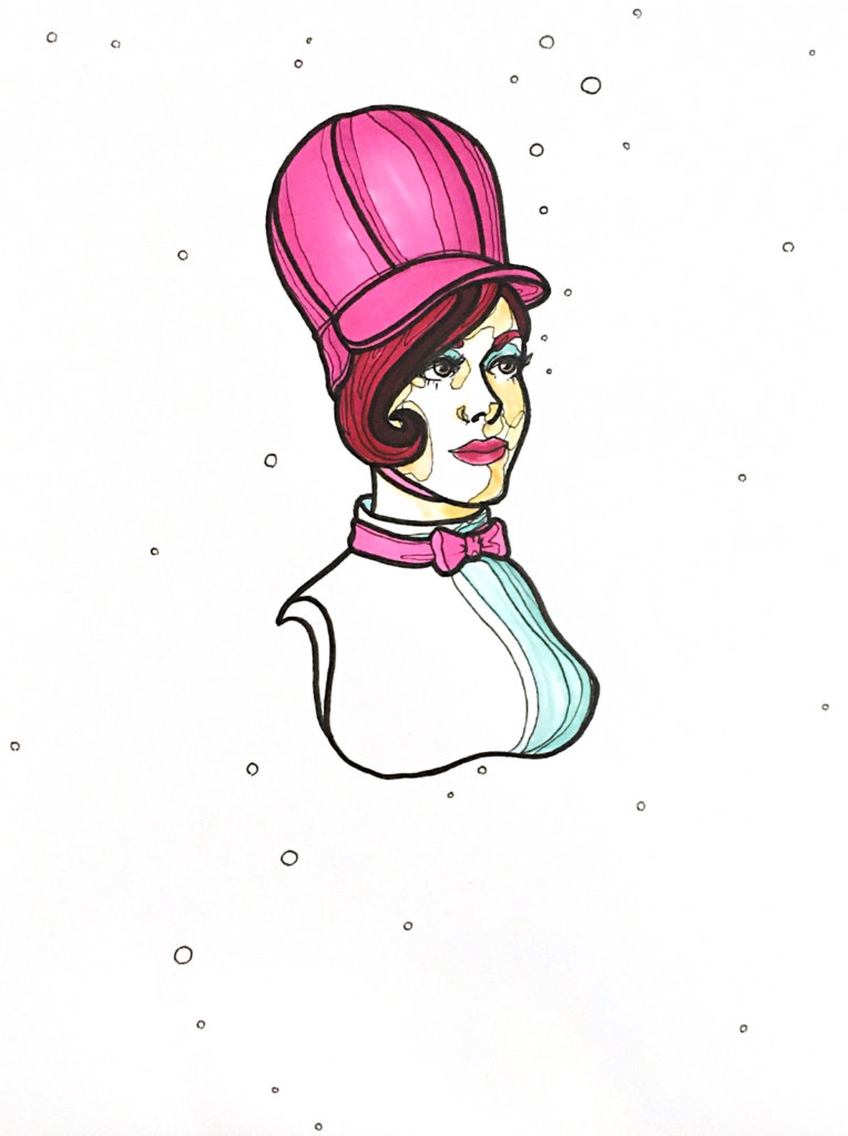 color drawing of a woman with a bowtie and a large hat on