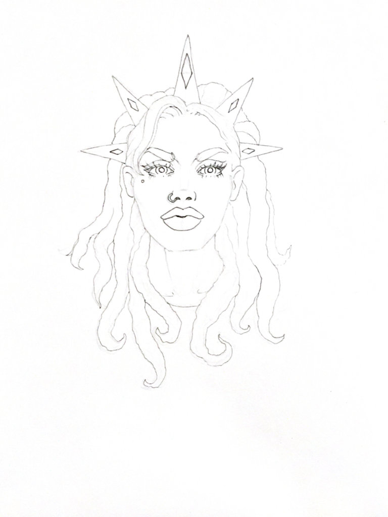 WIP drawing of a Queen of Diamonds