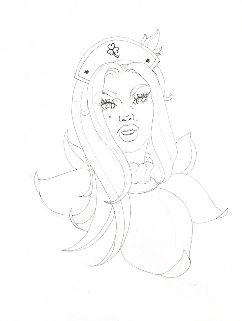 WIP drawing of a Queen of Clubs