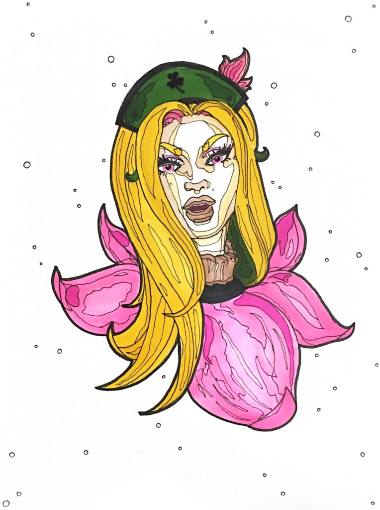 color drawing of a Queen of Clubs