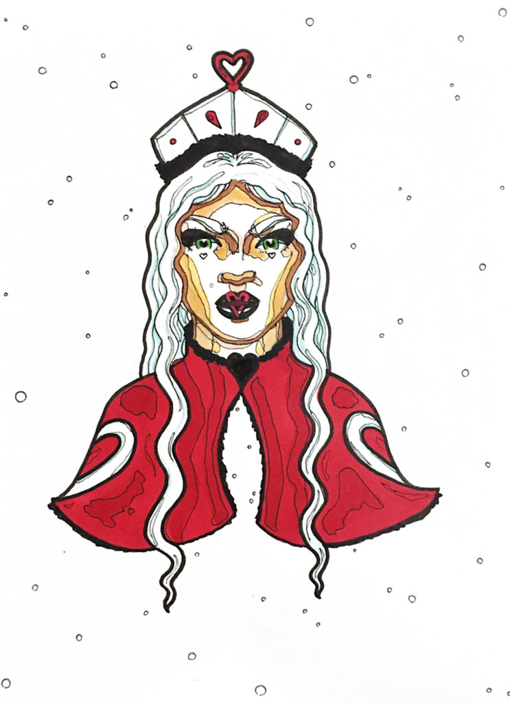 color drawing of the Queen of Hearts