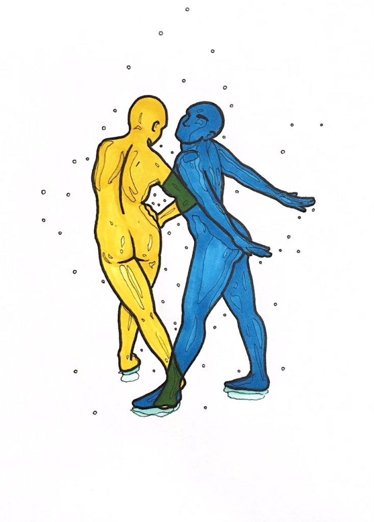 color drawing of two nude people dancing around one another