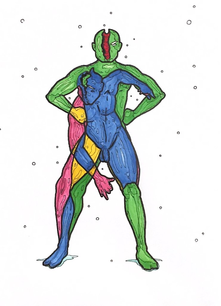 color drawing of a man intersecting another man