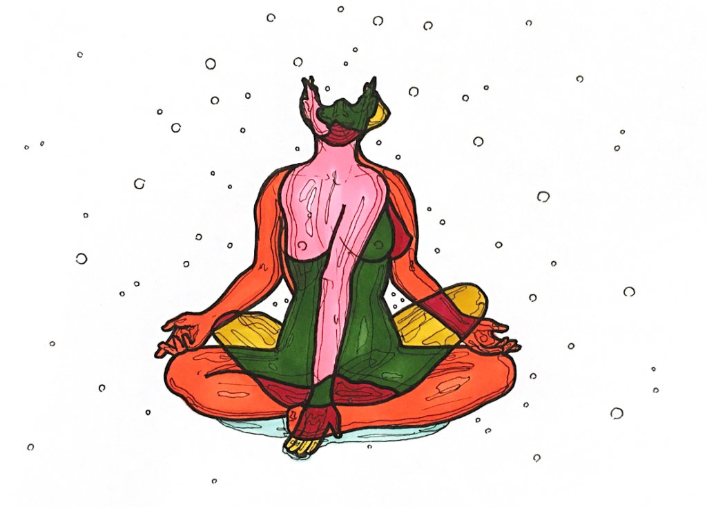 color drawing of two women doing yoga poses overlapping