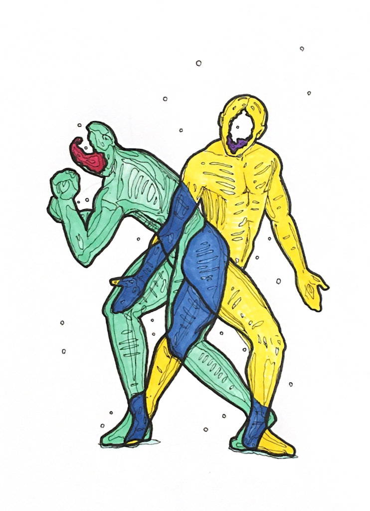 color drawing of two people fighting