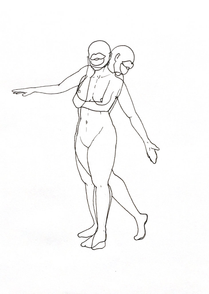 WIP drawing of two women with large lips on their faces