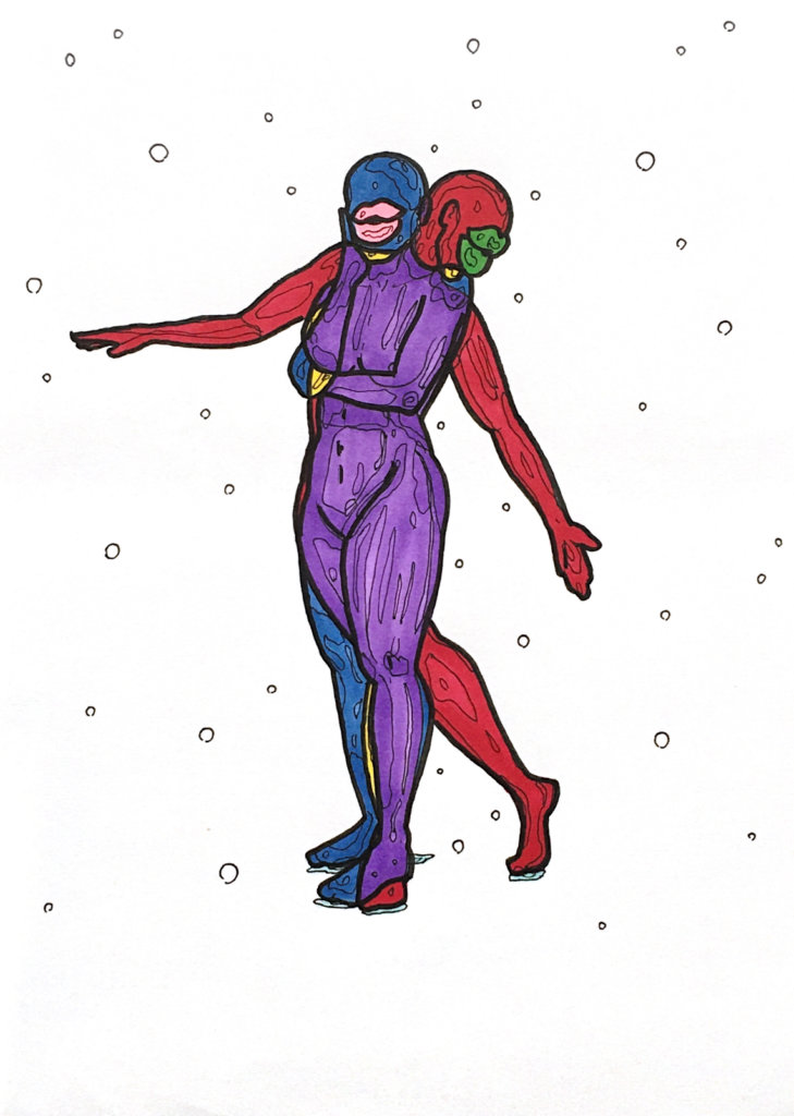 color drawing of two women with large lips on their faces