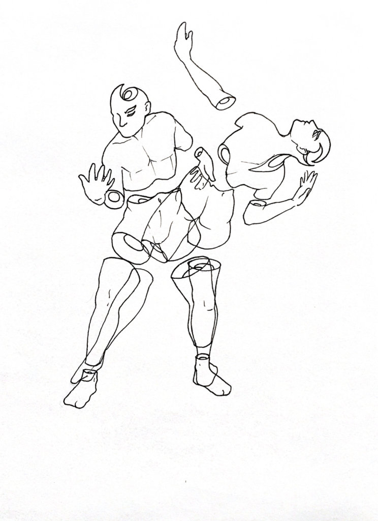 WIP drawing one man leans backwards the other leans forwards