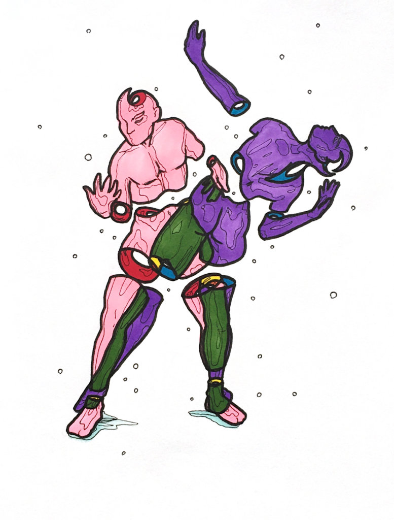 color drawing one man leans backwards the other leans forwards