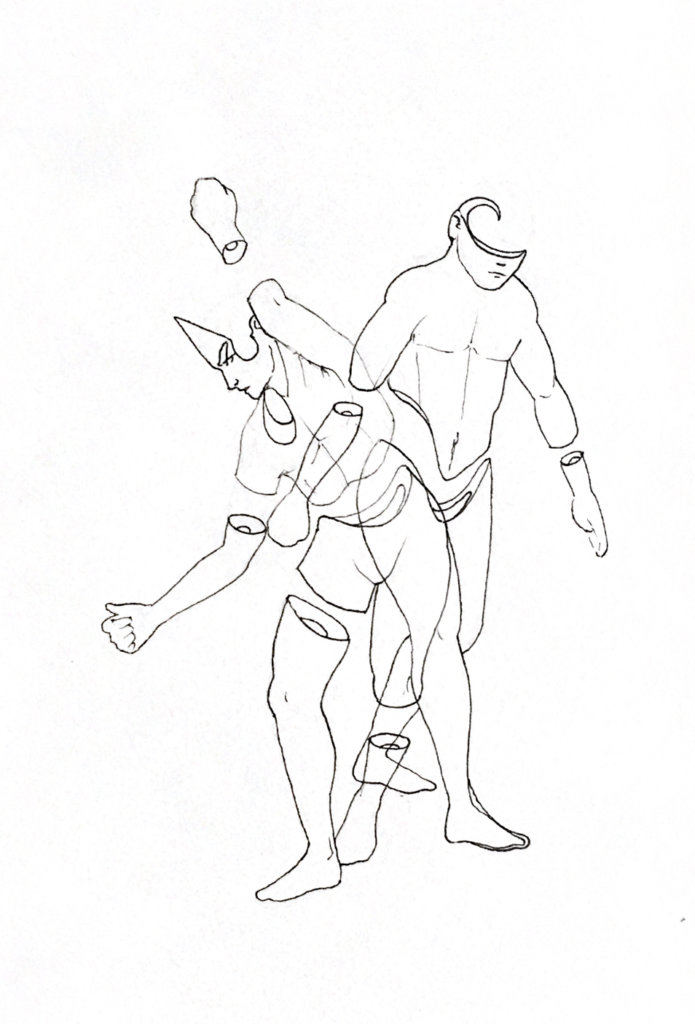 WIP drawing one man pulling an invisible string the other looking away