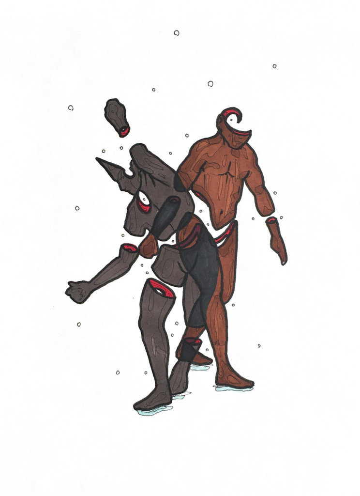 color drawing one man pulling an invisible string the other looking away