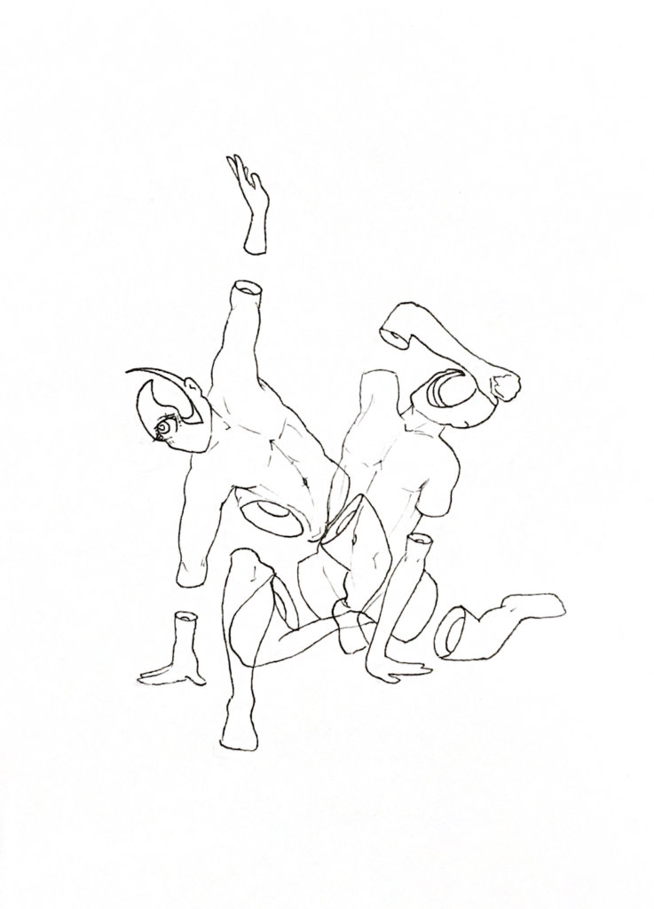 WIP drawing of strange surreal humanoid creatures