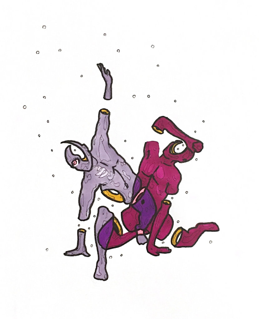 color drawing of strange surreal humanoid creatures