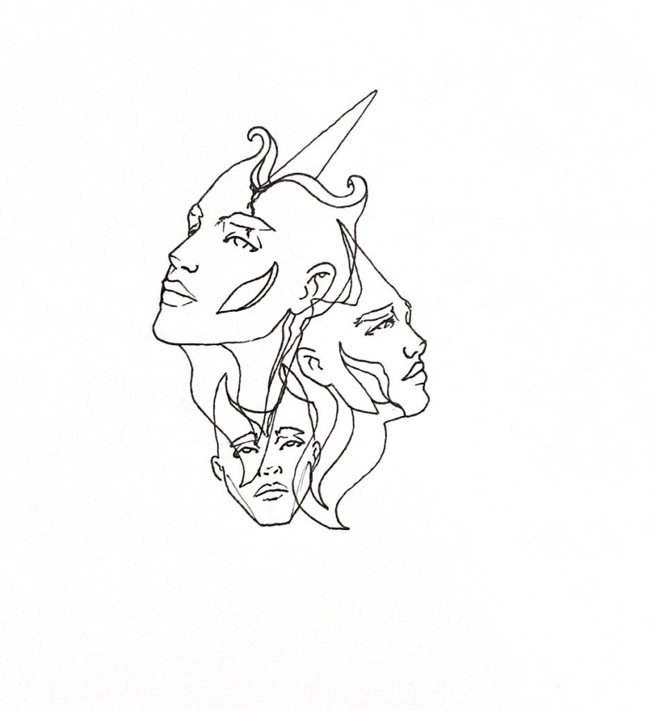 WIP drawing of three intersecting surreal faces