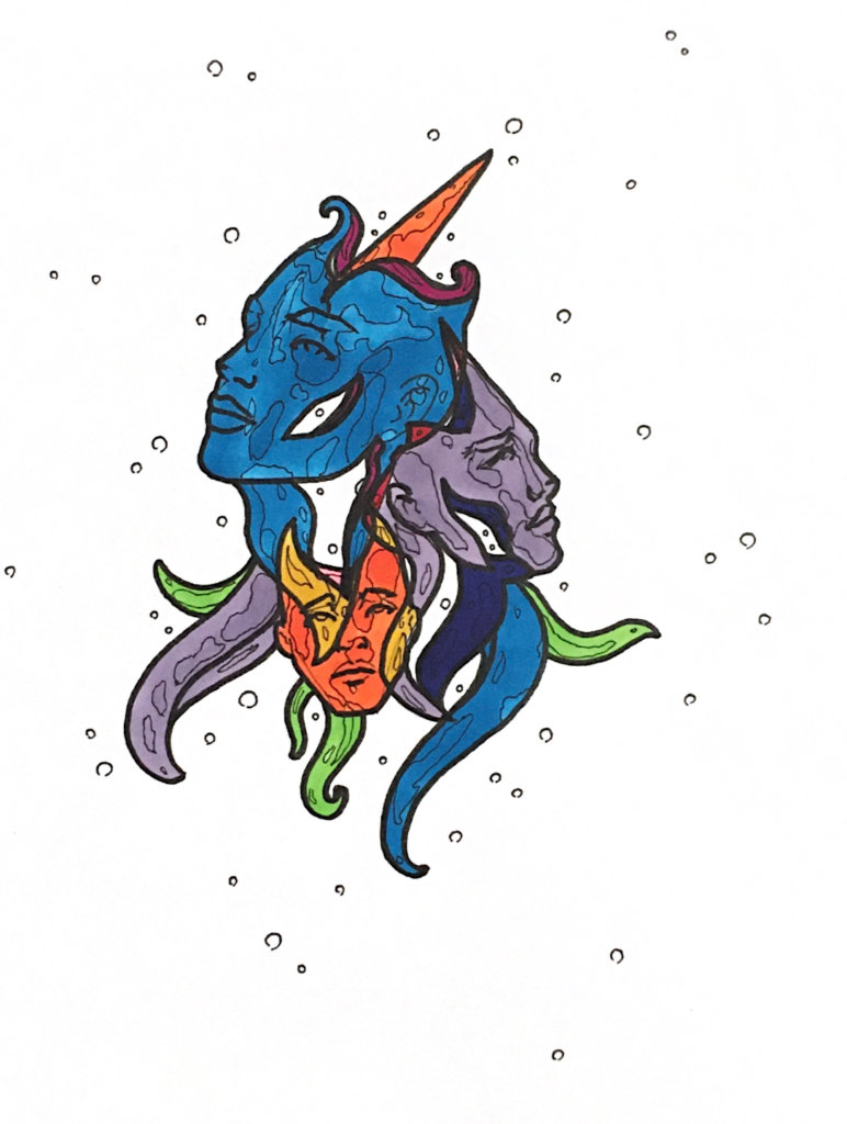 color drawing of three intersecting surreal faces